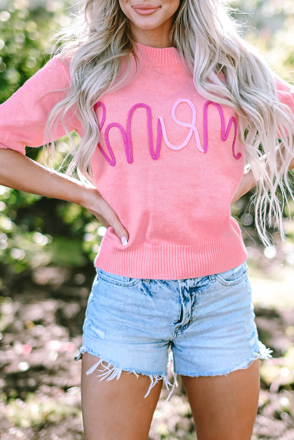 Mom Tinsel Short Sleeve Sweater With Chic Puff Sleeves
