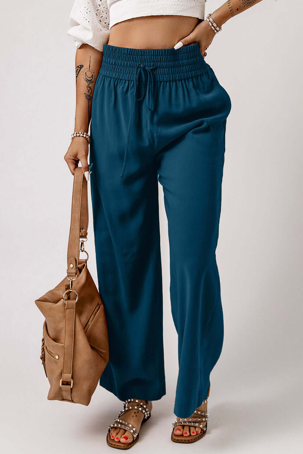 Wide Leg Smocked Waist Pants - Comfy Loose Fit Trousers