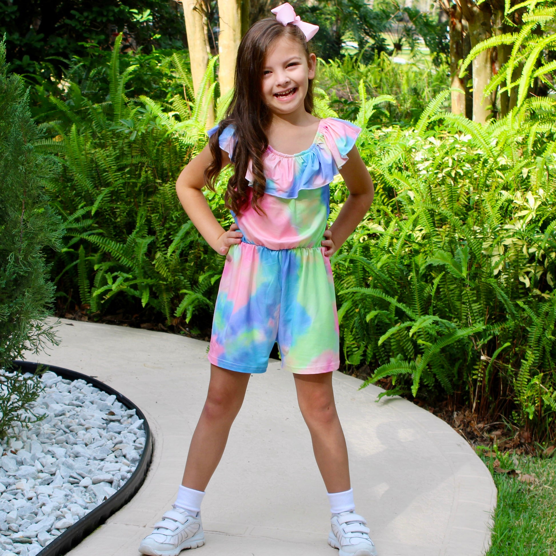  Pastel Tie Dye Girls Jumpsuit Ruffle Neck Trendy Romper