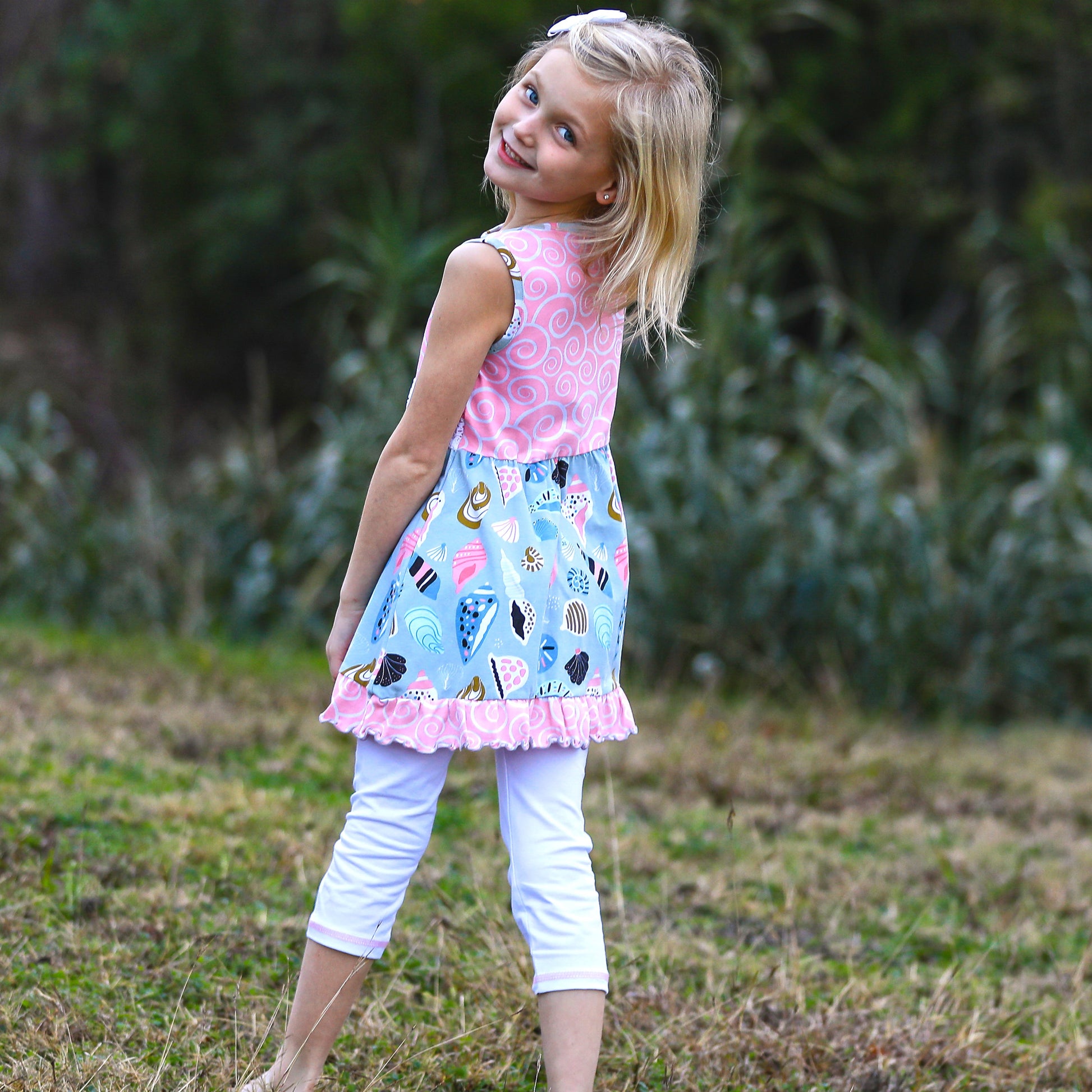 Girls Seashell Dress and White Capri Leggings Set