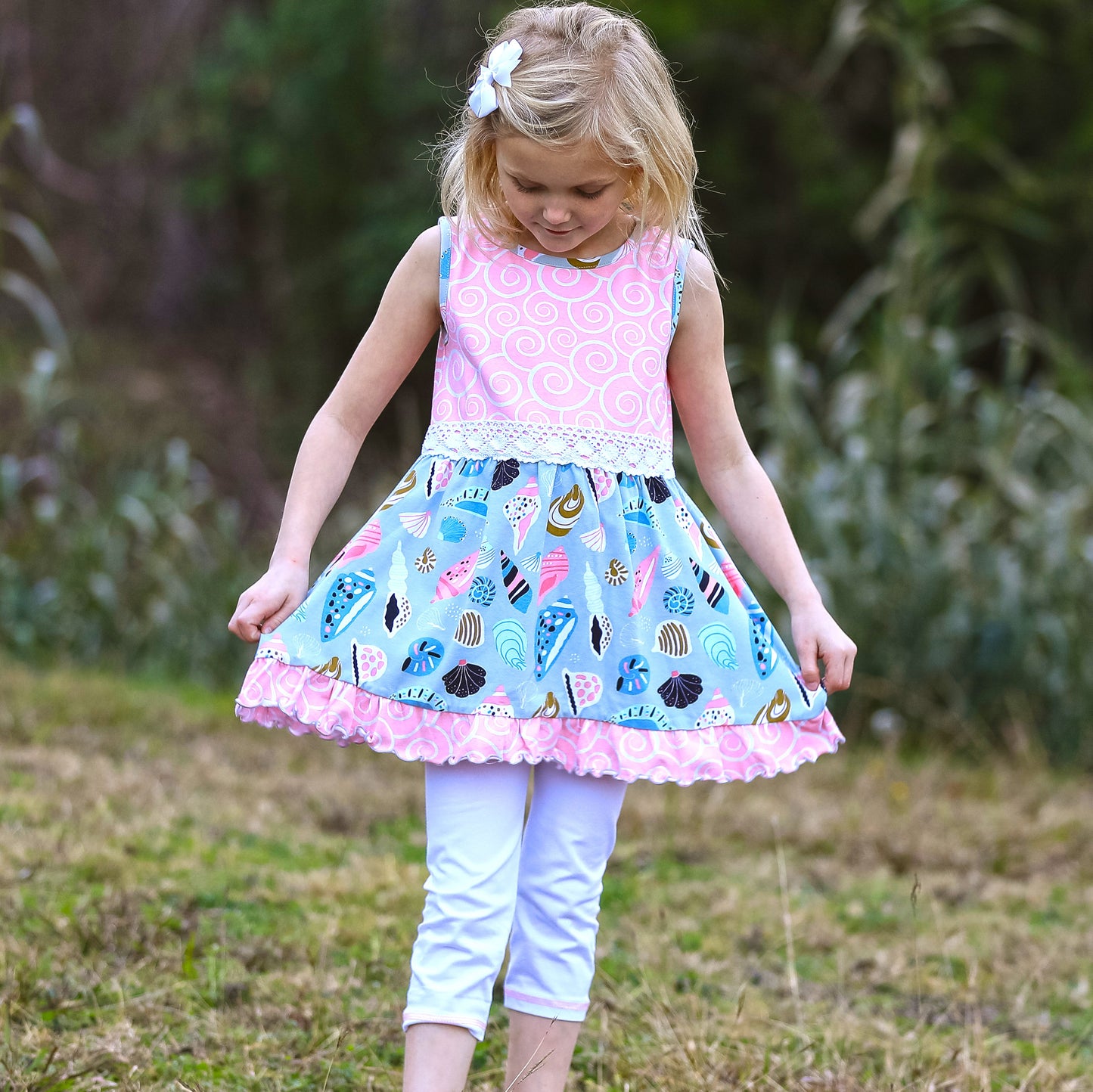 Girls Seashell Dress and White Capri Leggings Set