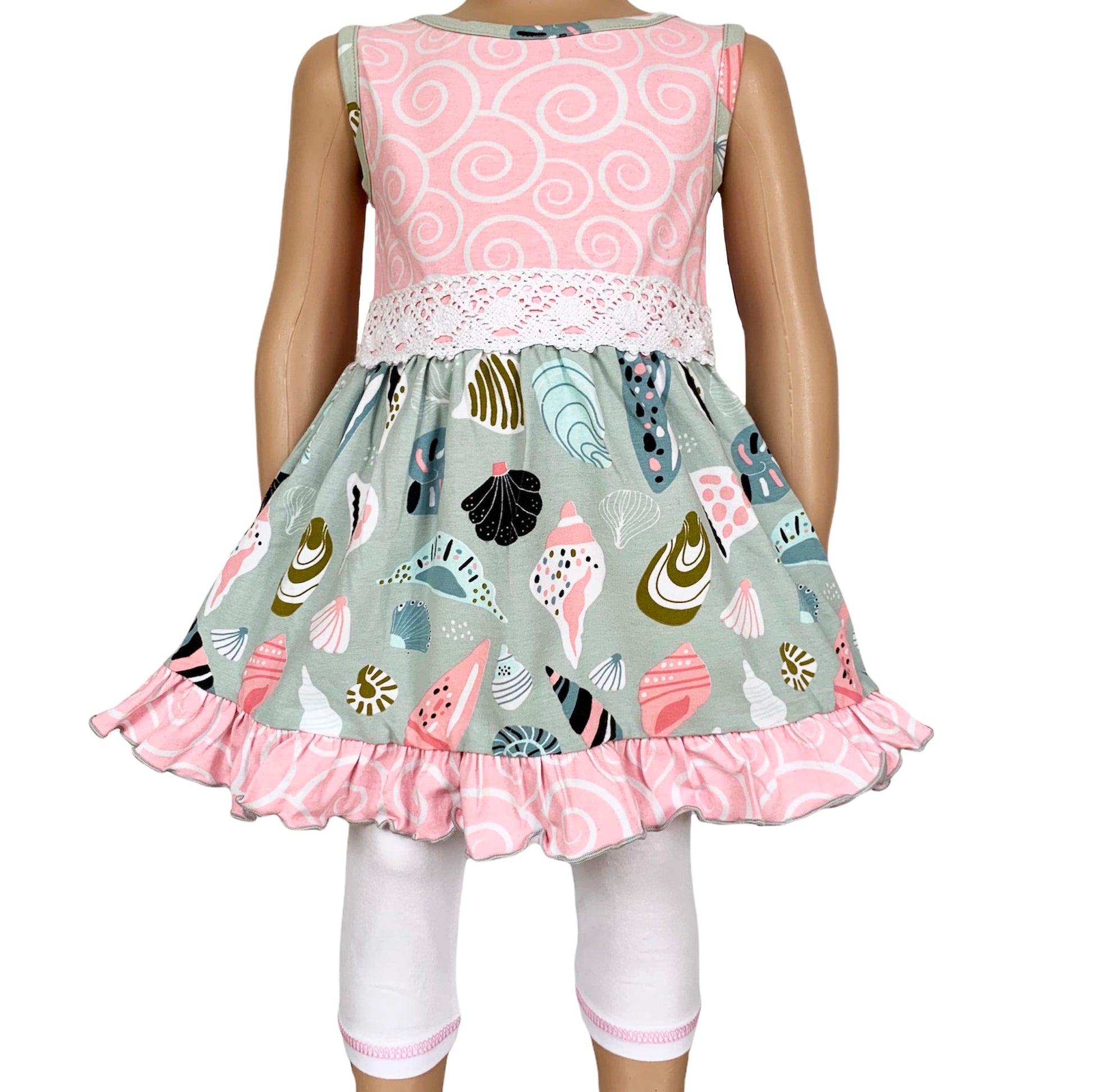 Girls Seashell Dress and White Capri Leggings Set