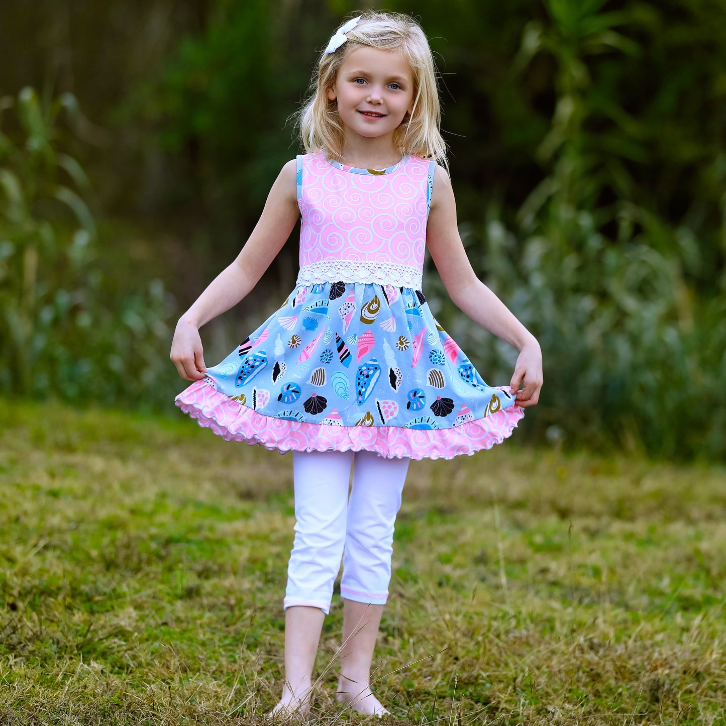 Girls Seashell Dress and White Capri Leggings Set