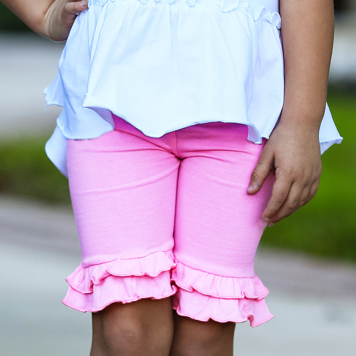 AnnLoren Little/Big Girls Pink Stretch Cotton Knit Ruffled Shorts-1