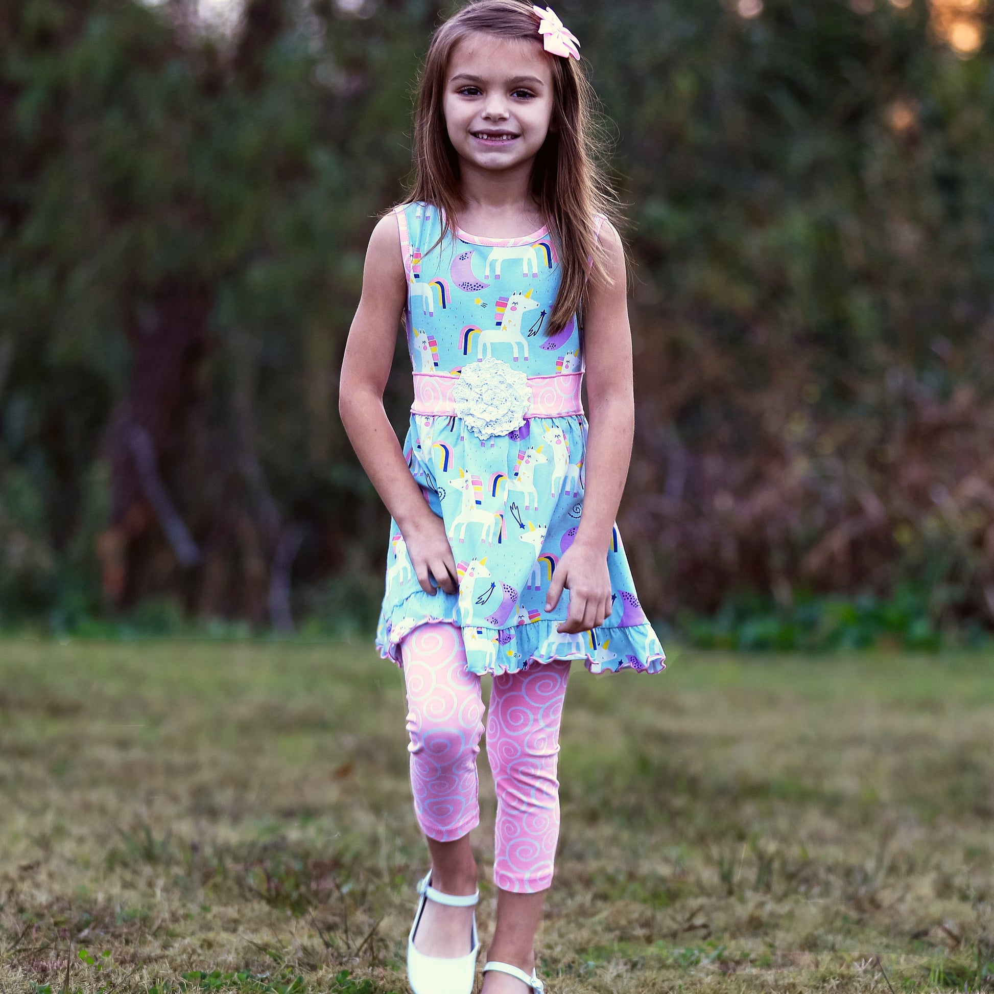 Girls Unicorn Rainbow Dress and Pink Swirl Leggings Set 