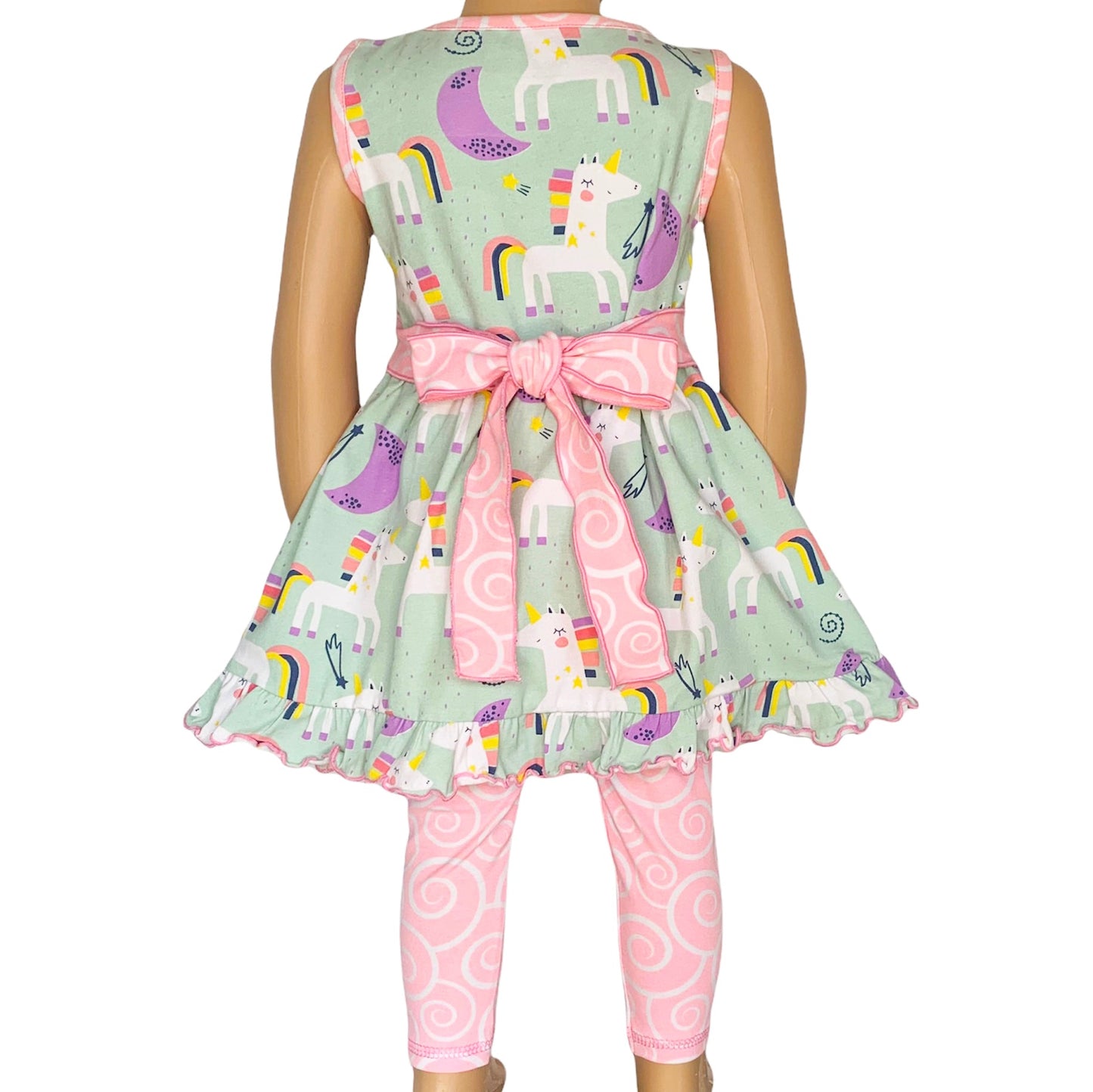 Girls Unicorn Rainbow Dress and Pink Swirl Leggings Set 
