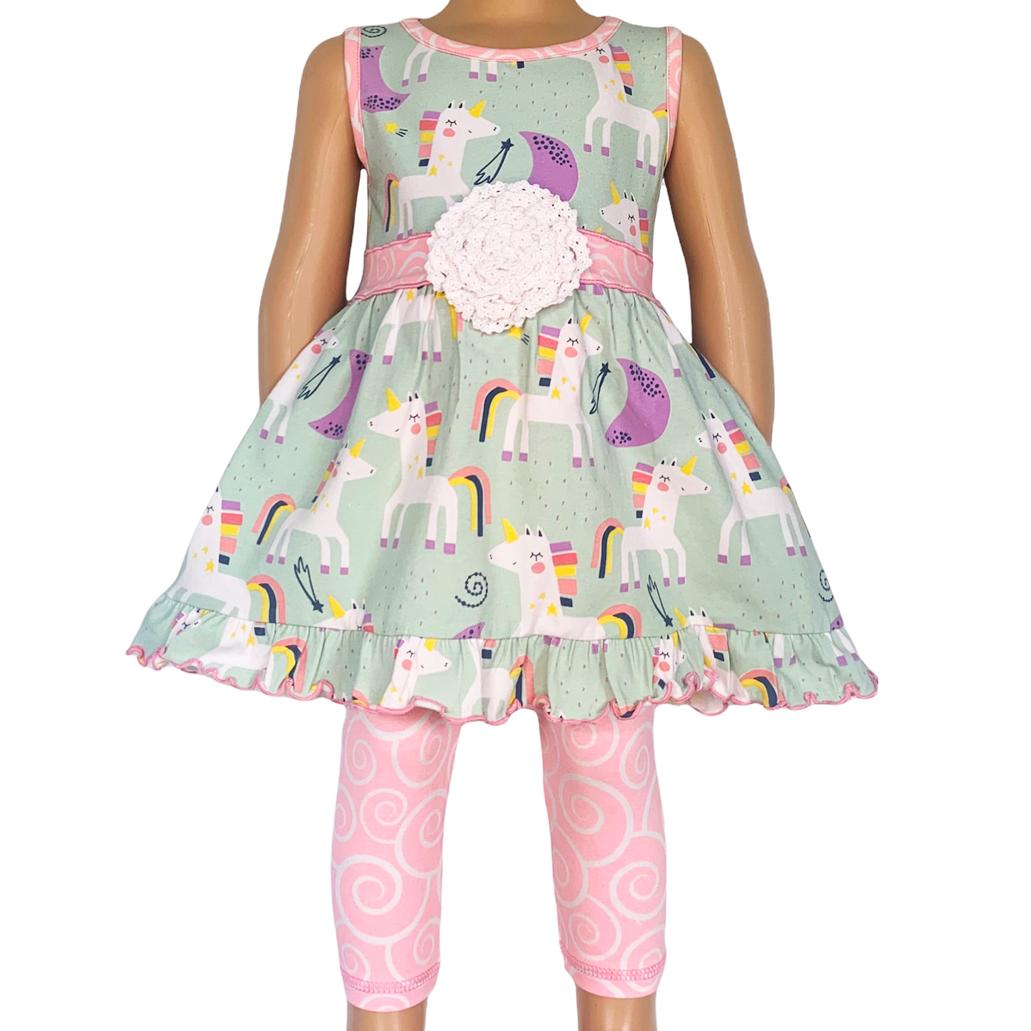 Girls Unicorn Rainbow Dress and Pink Swirl Leggings Set 