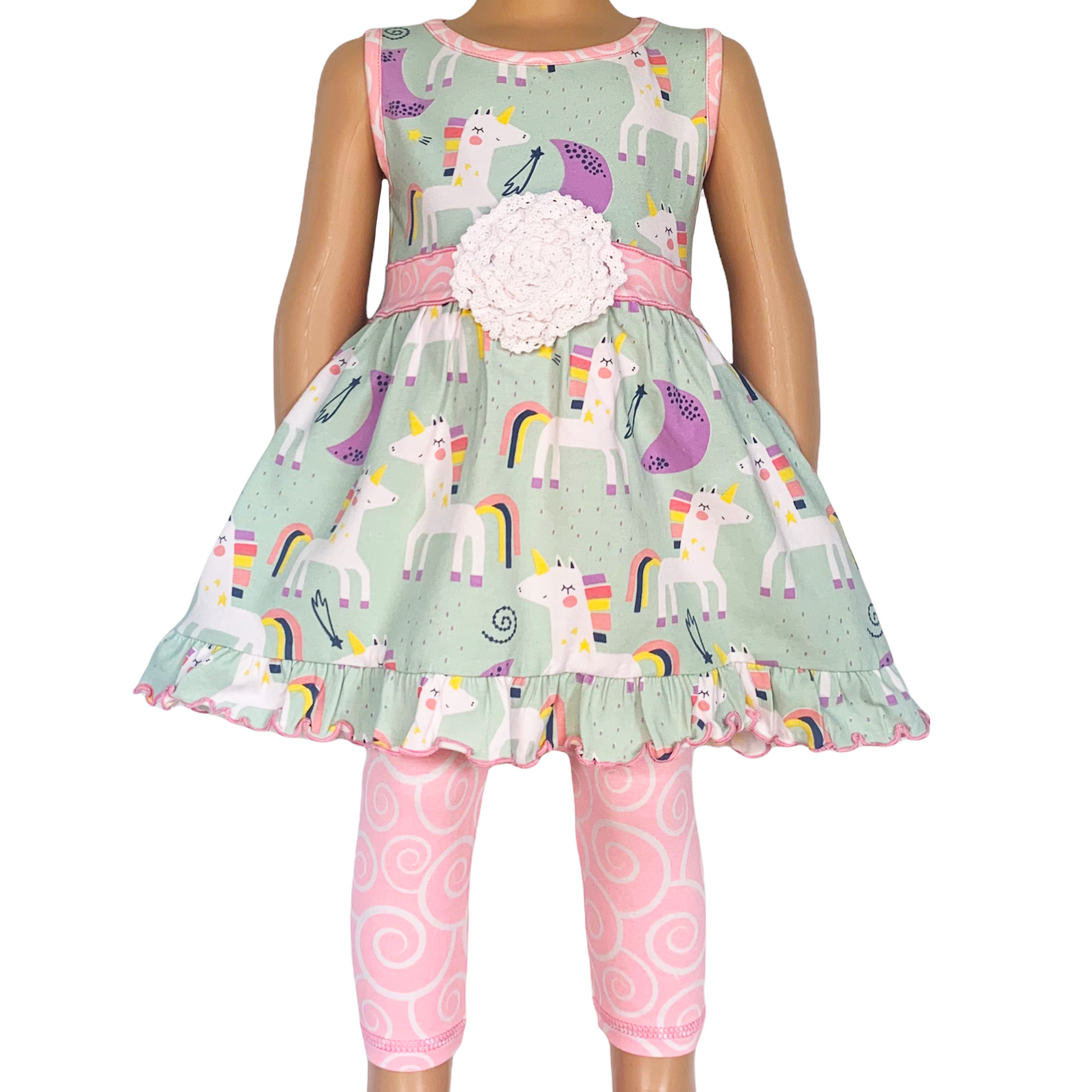 Girls Unicorn Rainbow Dress and Pink Swirl Leggings Set 