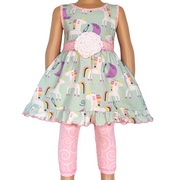 AnnLoren Girls Unicorns Rainbow Dress & Pink Swirl Leggings Outfit-0