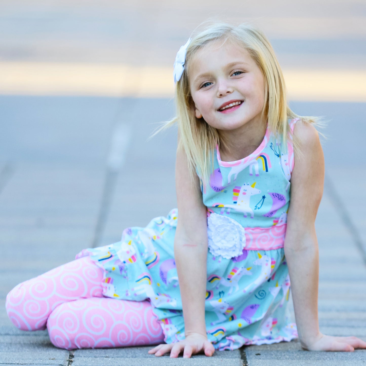 Girls Unicorn Rainbow Dress and Pink Swirl Leggings Set 