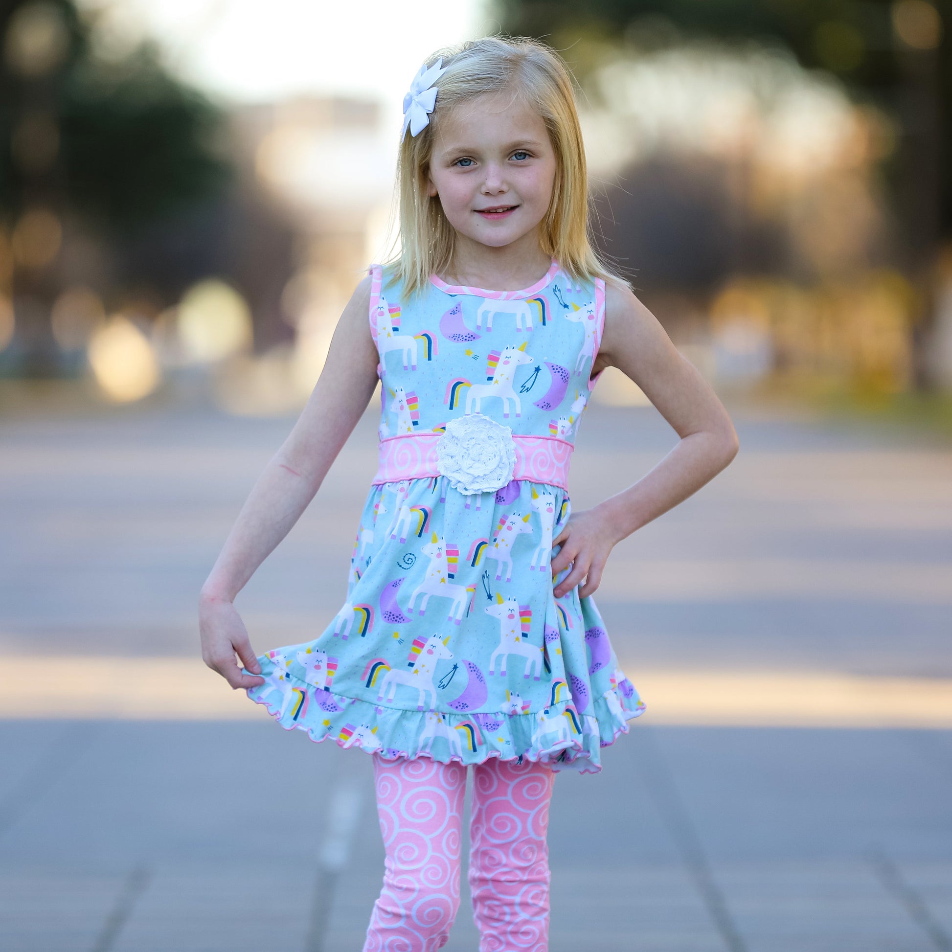Girls Unicorn Rainbow Dress and Pink Swirl Leggings Set 