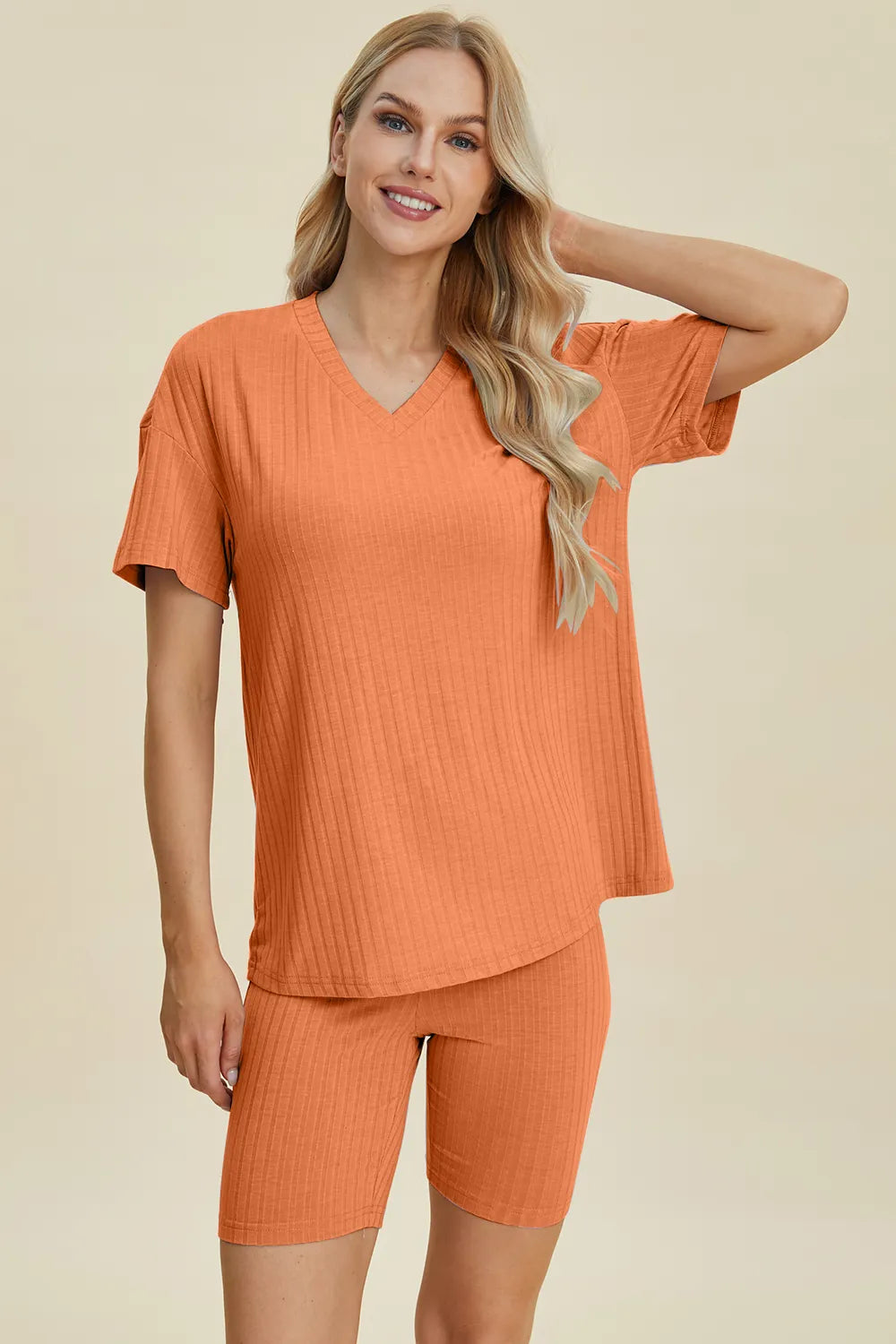Ribbed V-Neck Short Sleeve Top and Shorts Set for Women