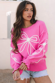 Corded Flower Bow Ribbed Trim Casual Sweater-3