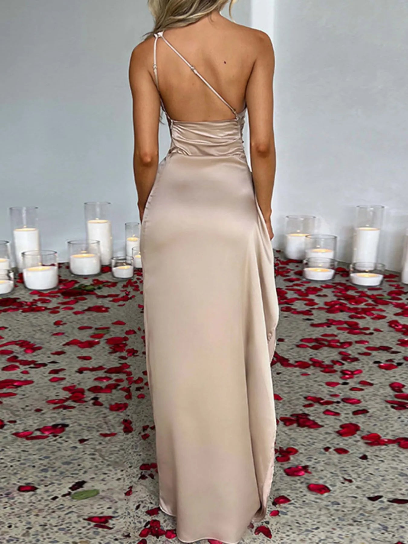 One Shoulder Satin Dress - High Slit Elegant