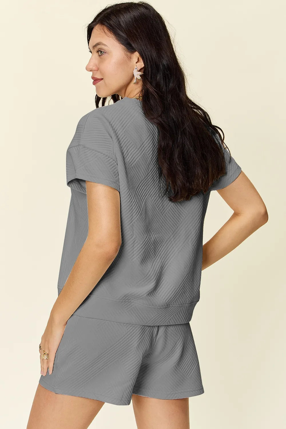 Full Size Texture T-Shirt and Shorts Set with Drawstring