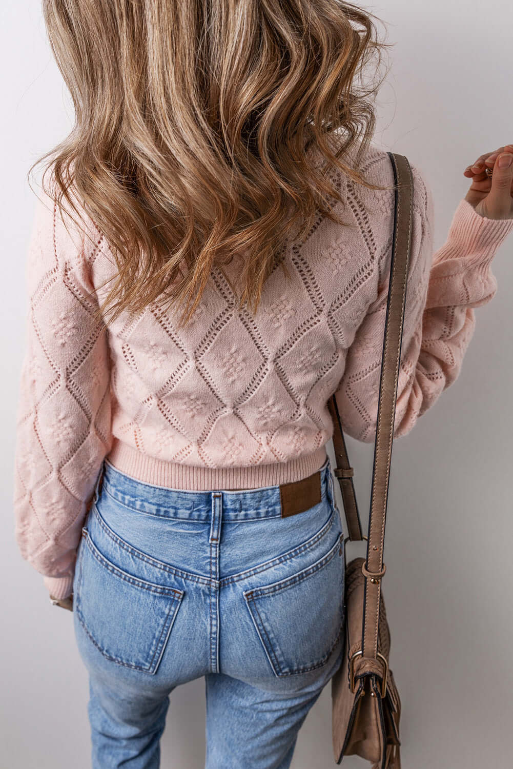 Openwork Plaid Knit Sweater with Puff Sleeves