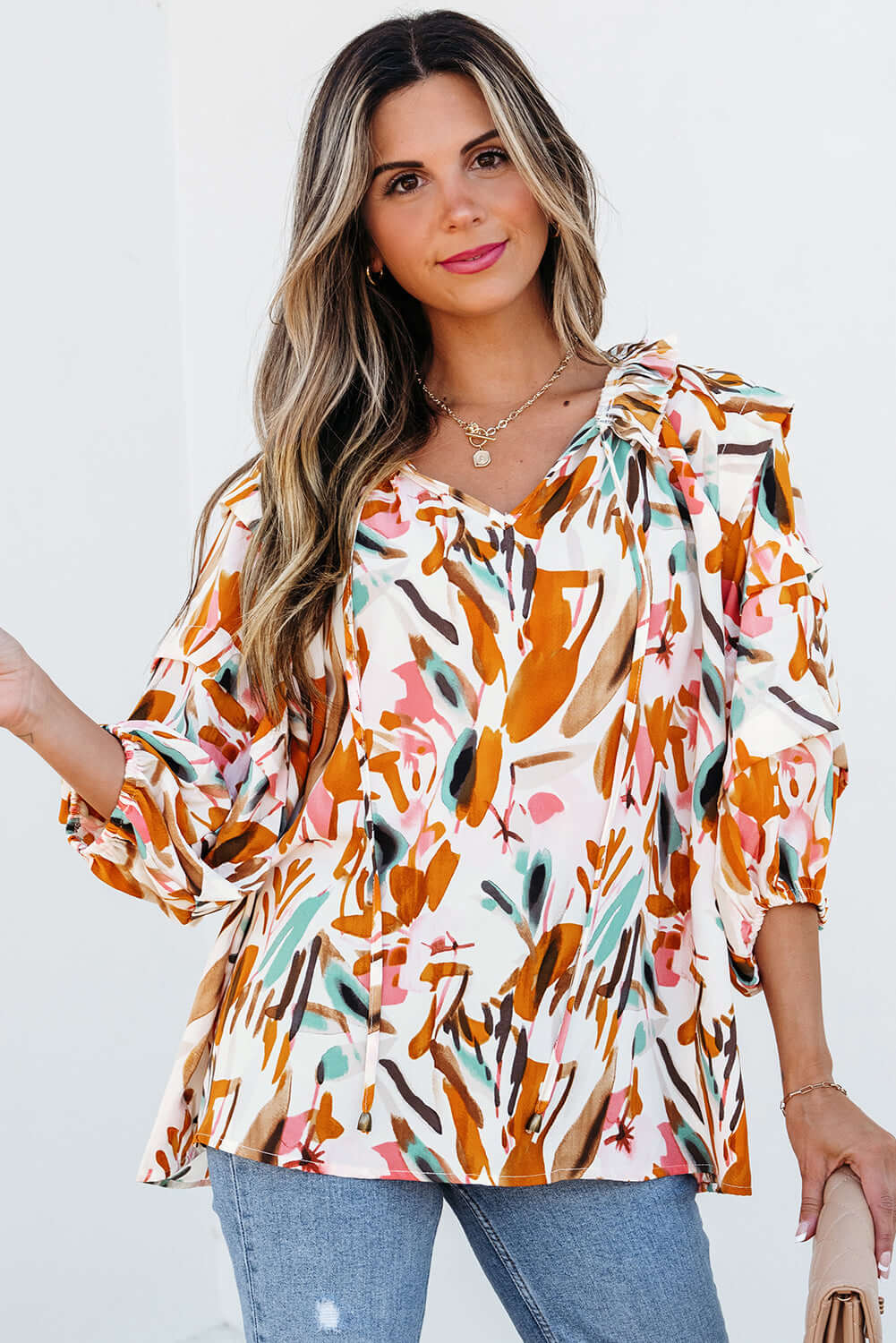 Abstract Print V-Neck Blouse for Women