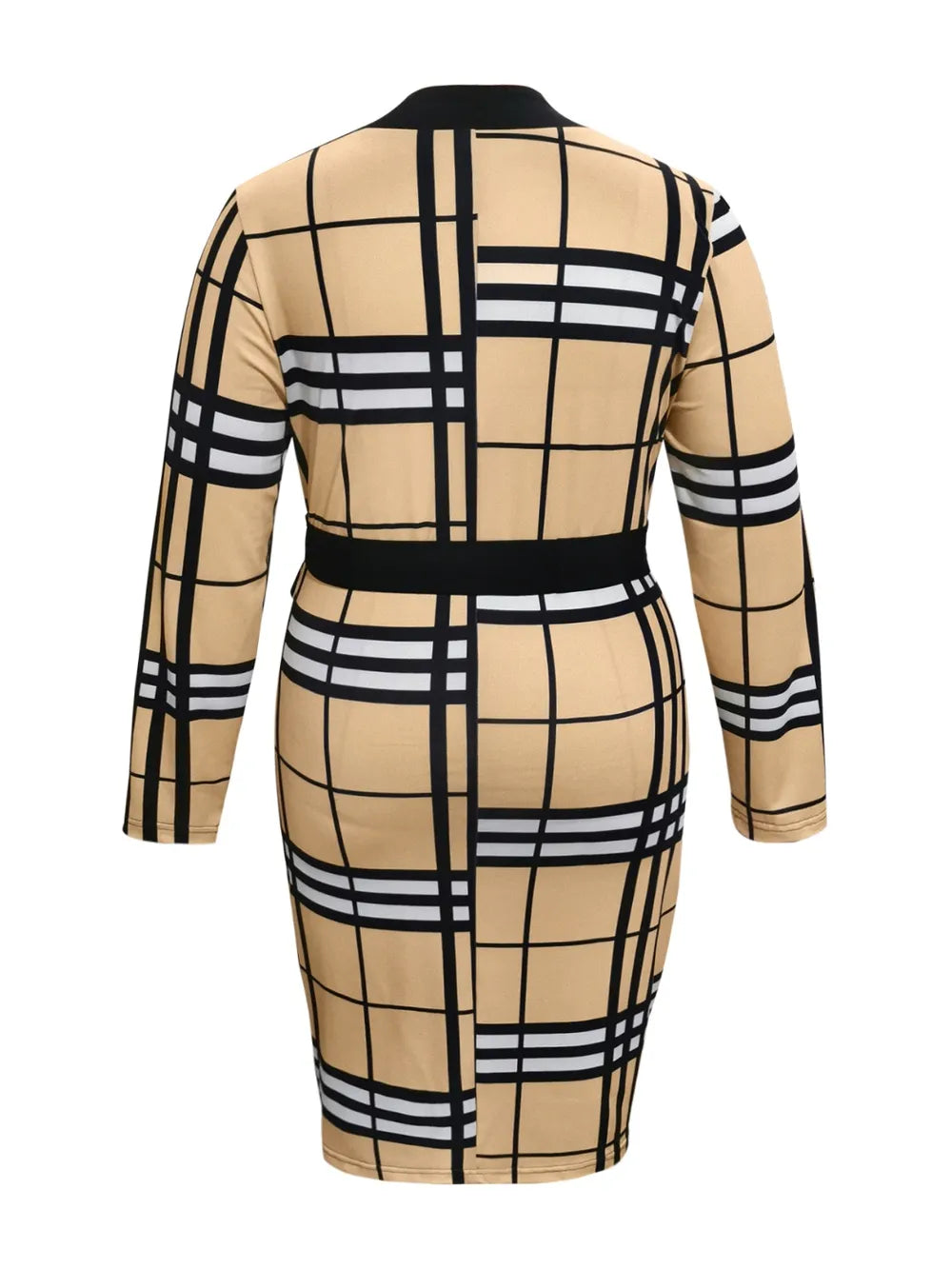 Plus Size Plaid V-Neck Long Sleeve Wrap Dress back view showcasing stylish plaid design.
