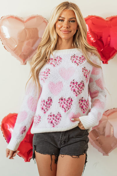 Heart Leopard Pearled Fuzzy Sweater-0