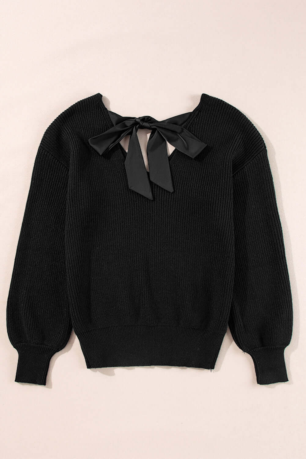 V-Neck Lantern Sleeve Sweater for Women – Stylish Back Knot Design