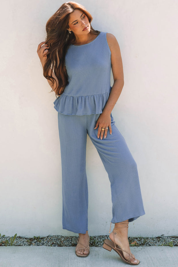 Teresa Ribbed Ruffle Tank Top and Pants Set-3