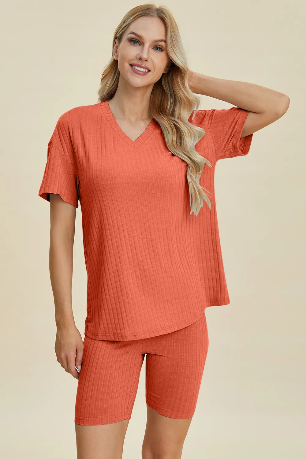 Ribbed V-Neck Short Sleeve Top and Shorts Set for Women