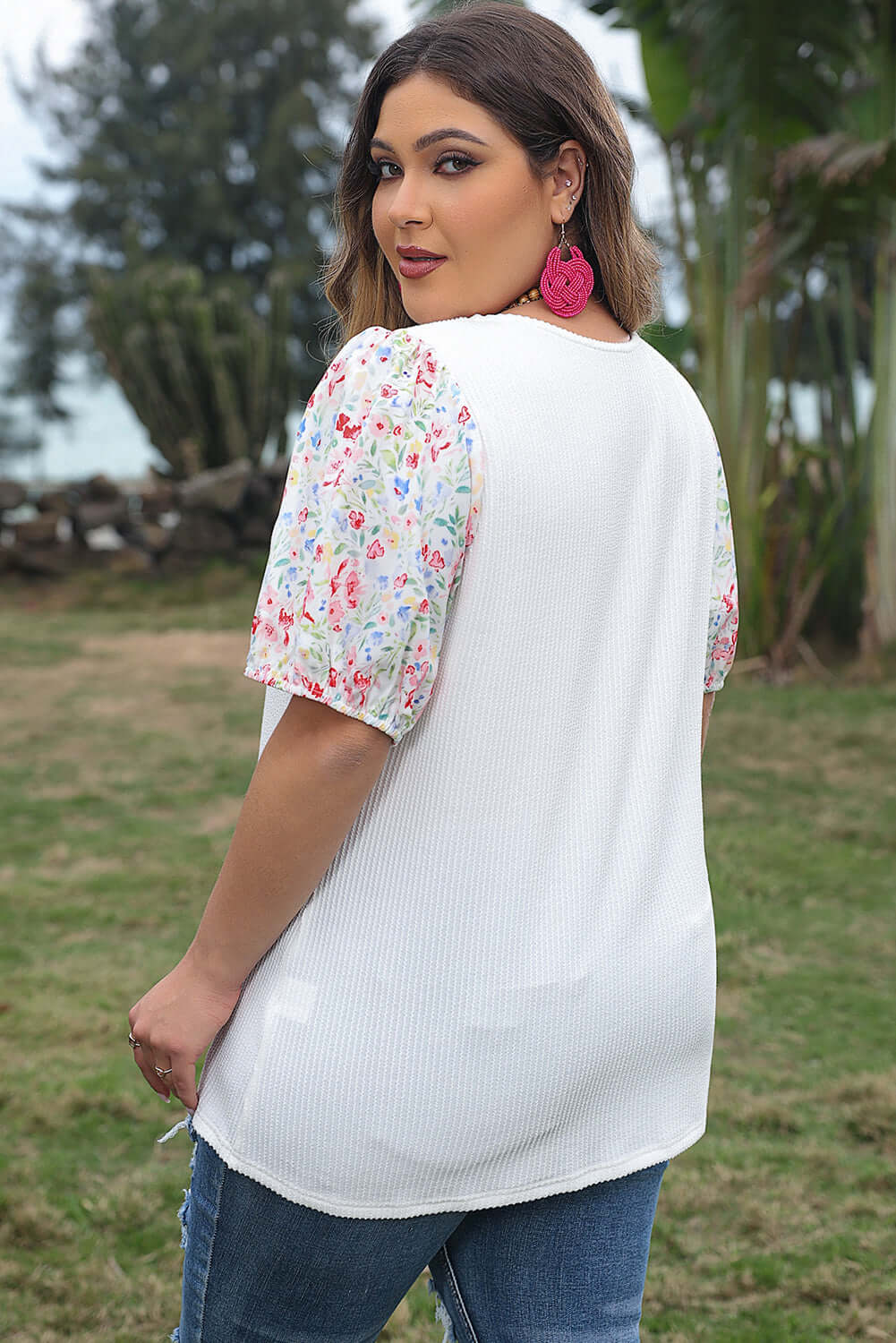 Plus Size Floral Puff Sleeve Blouse for Women