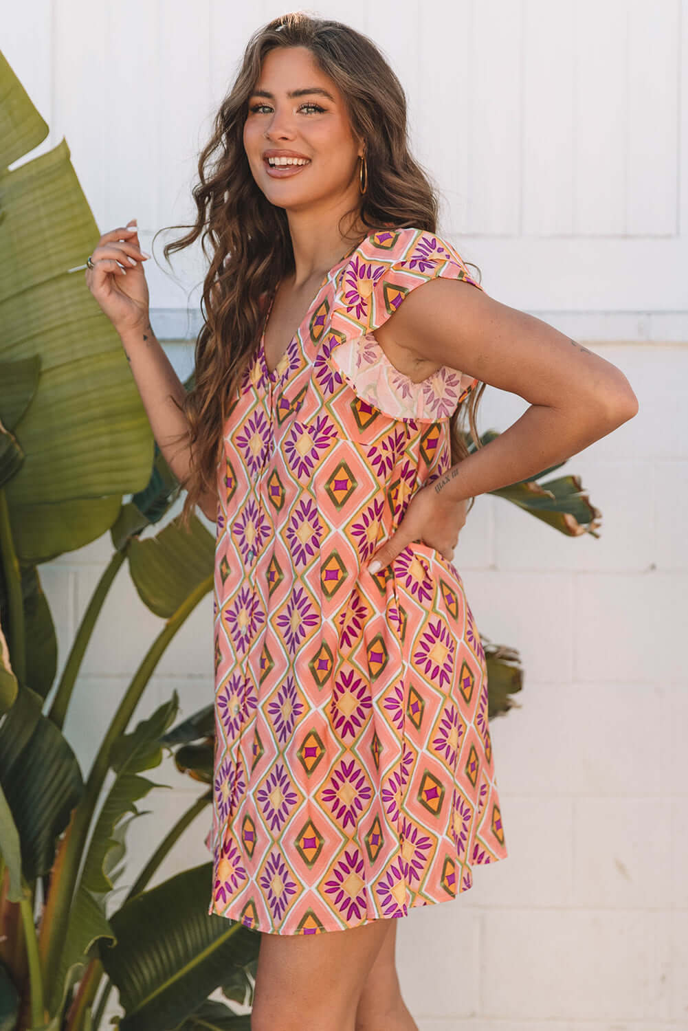 Geometric Floral Ruffle Sleeve Dress - Elegant Western Style