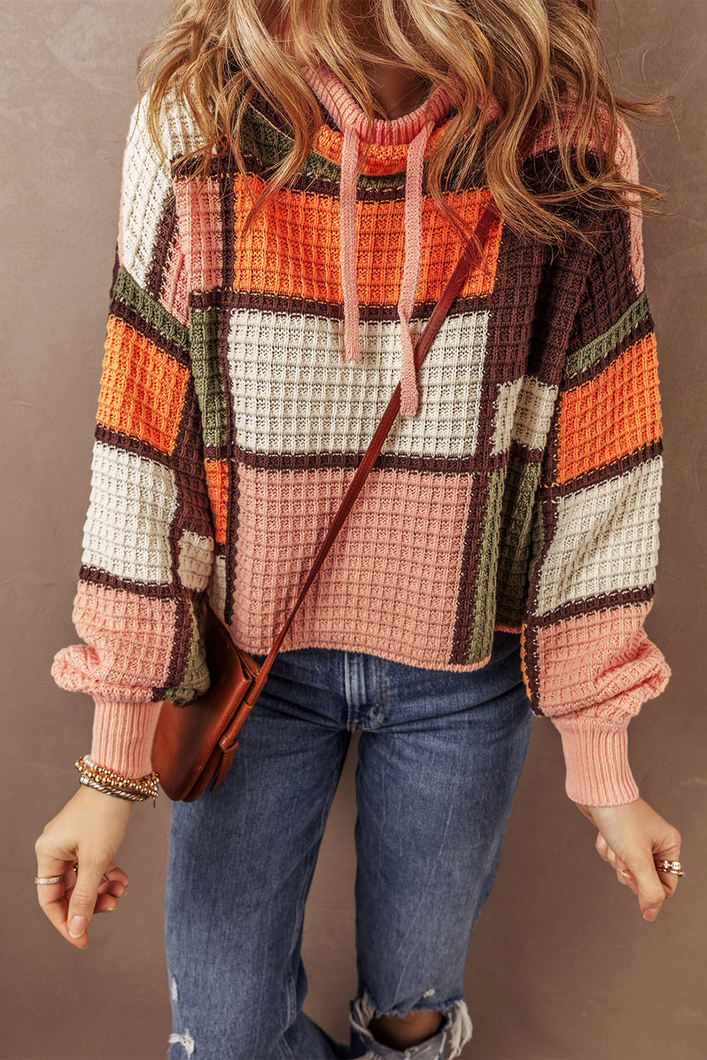 Color Block Sweater - Waffle Knit Mock Neck Style