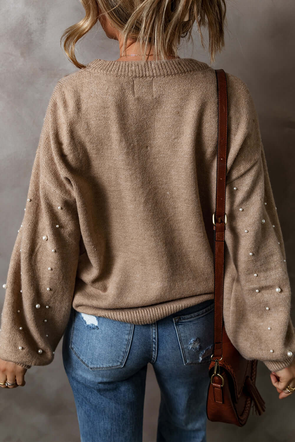 Pearled Accent Sweater - Elegant Drop Shoulder Knitwear for Women