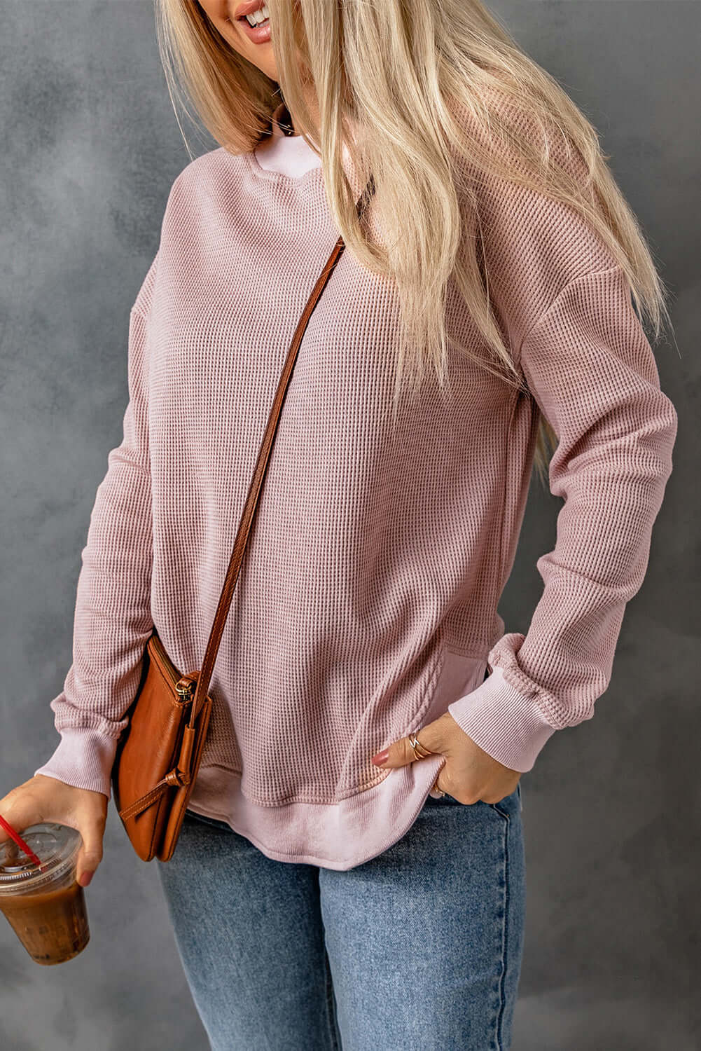 Waffle Knit Long Sleeve Top - Cozy Textured Elegance