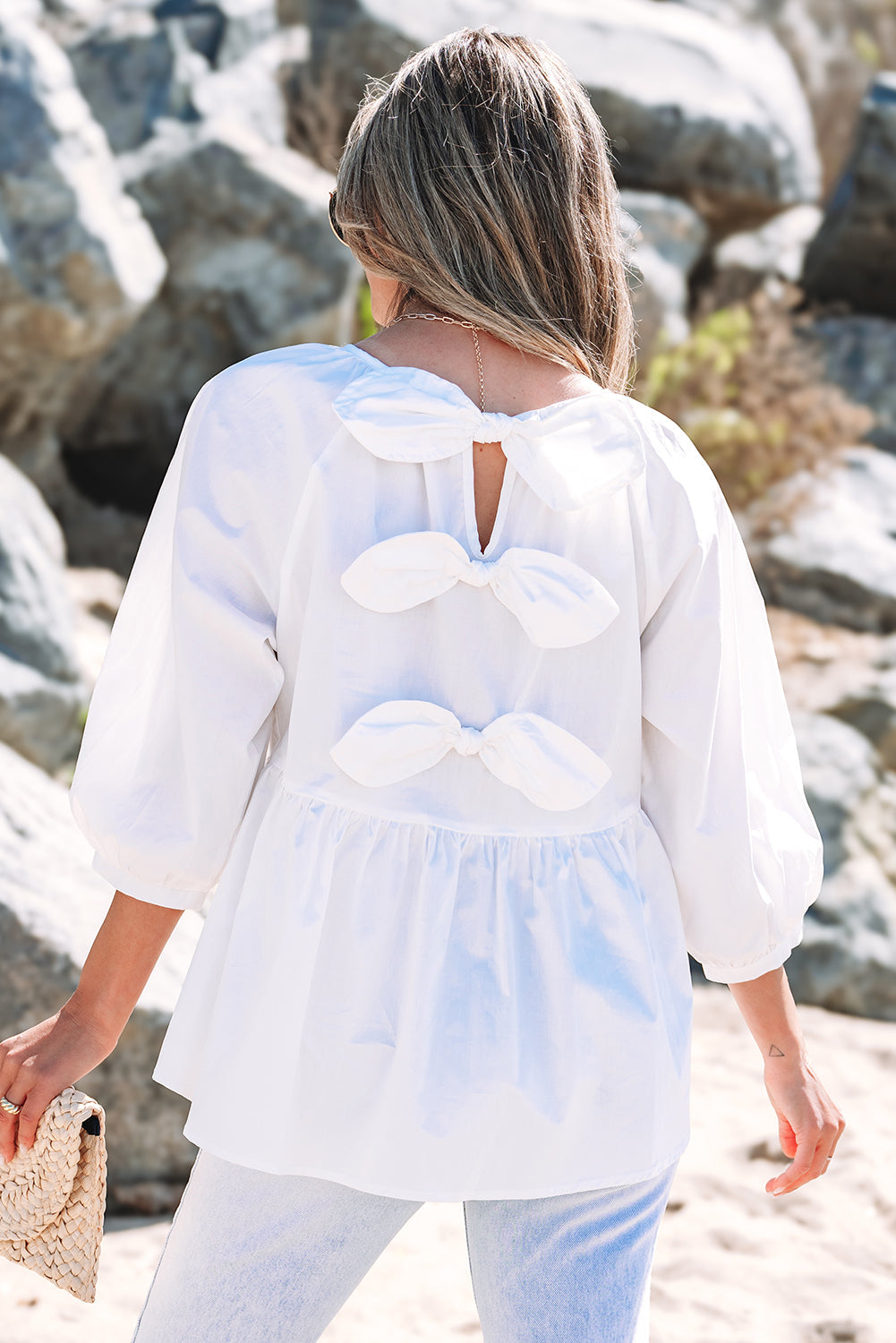  Bow Knot Cutout Back Top with 3/4 Sleeves