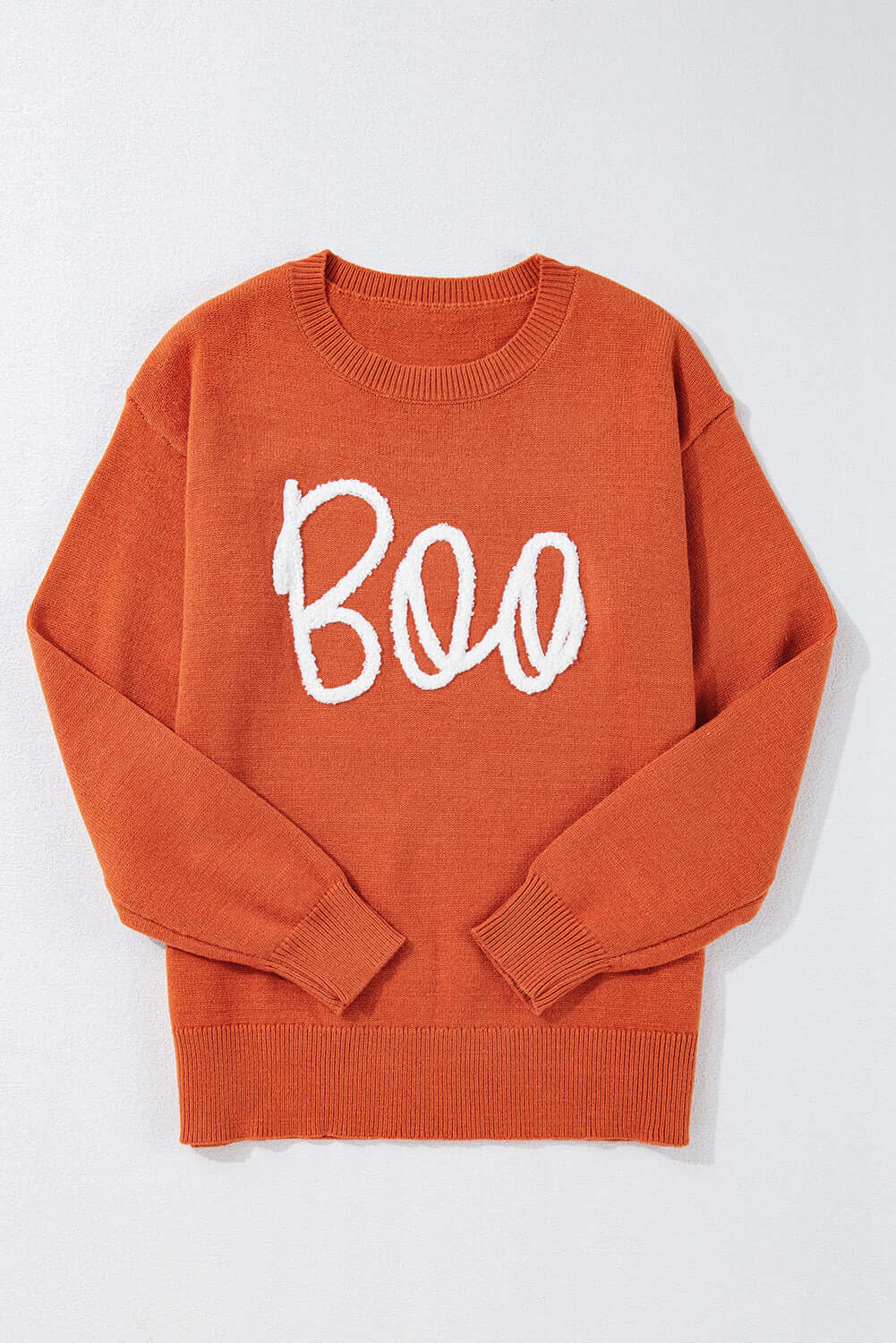  Boo Letter Pattern Sweater with Ribbed Edges and Crew Neck