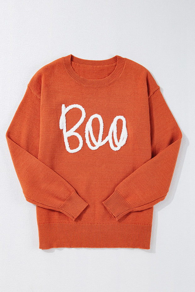 Boo Knitted Pattern Ribbed Edge Sweater-5