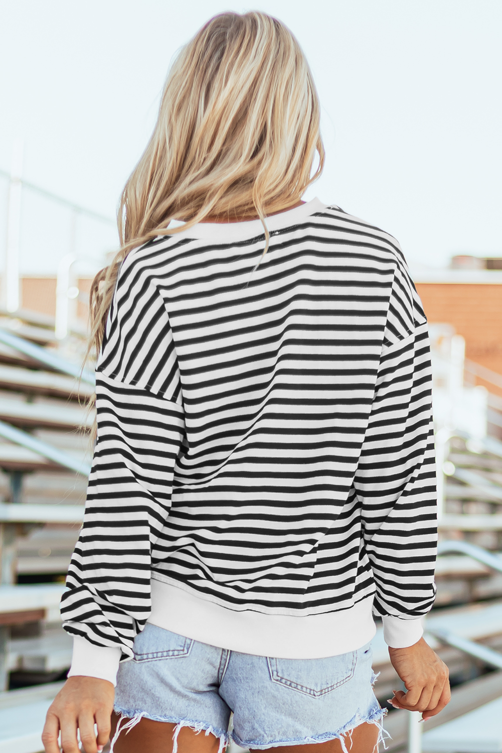  Striped Oversized Sweatshirt with Button Details and Crew Neck