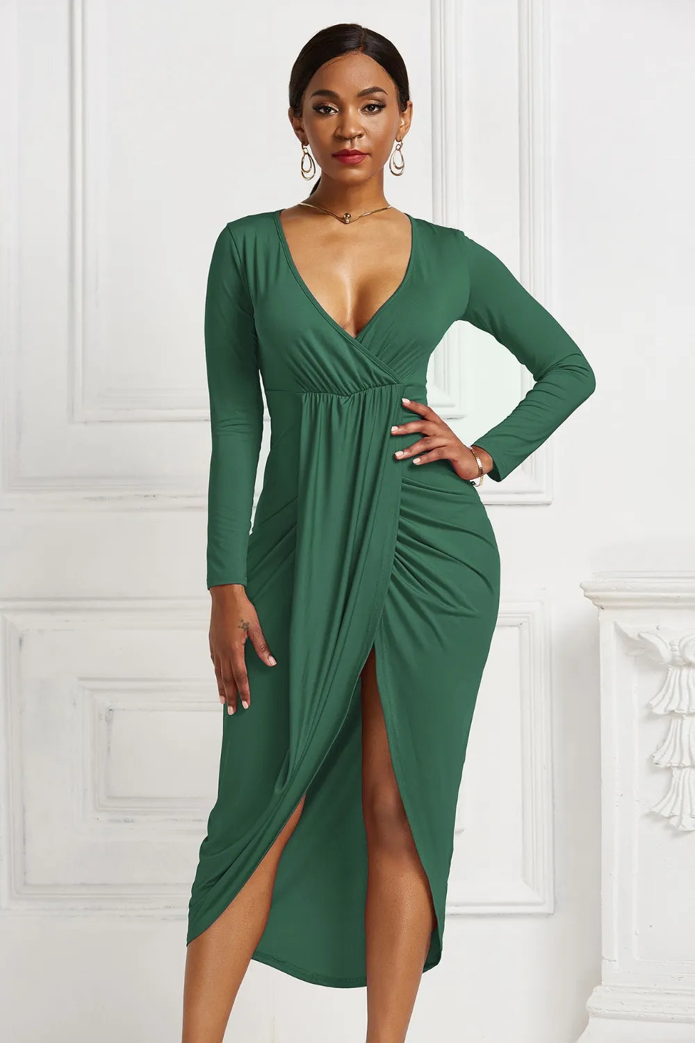 High-Low Ruched Surplice Long Sleeve Dress side view