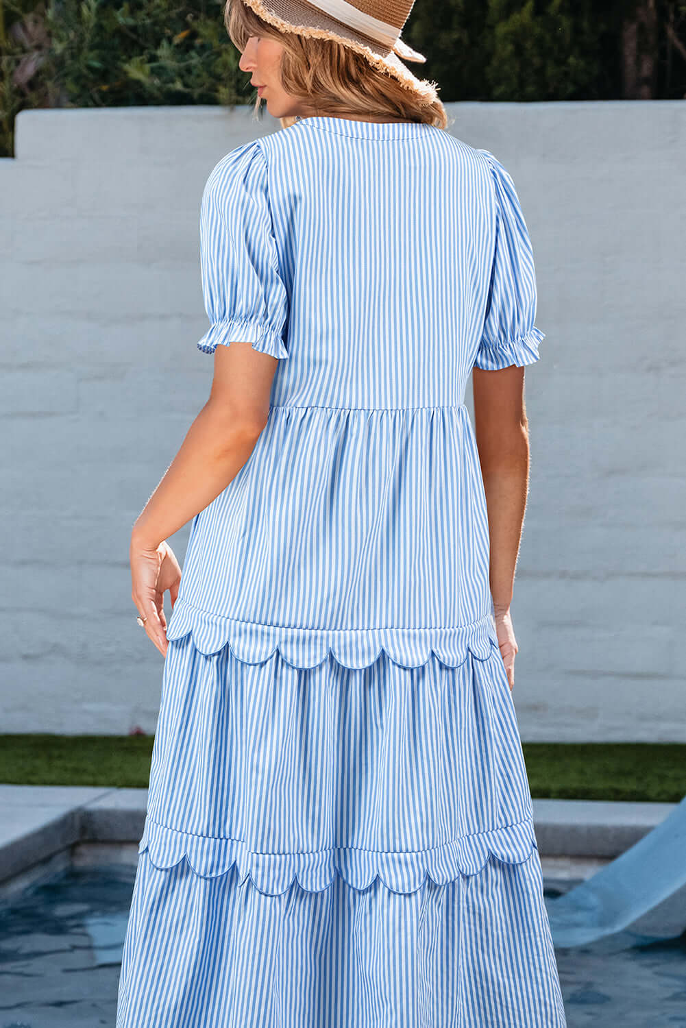 Bubble Short Sleeve Tiered Scallop Long Dress - Elegant Striped Style