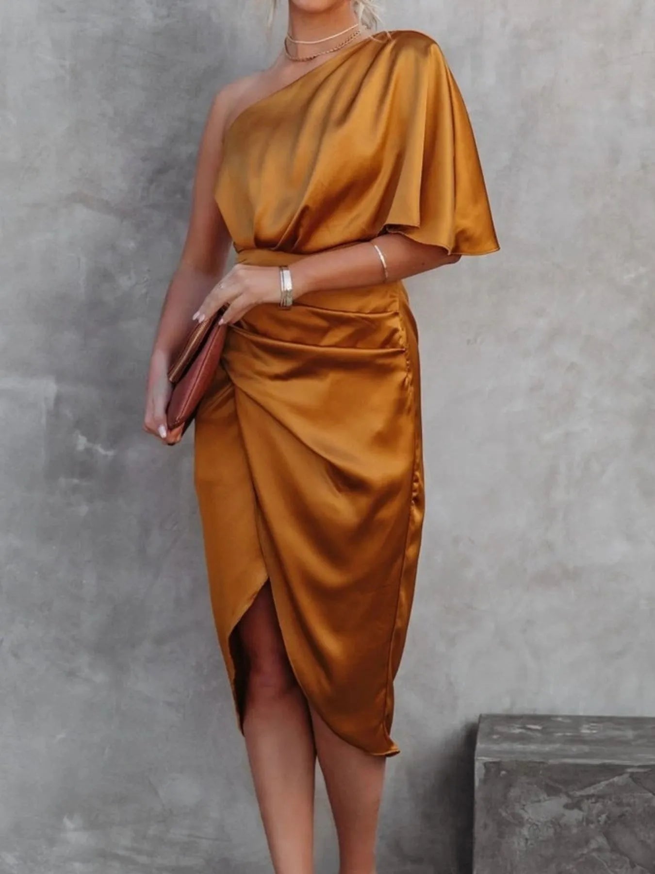 One Shoulder Satin Wrap Dress with Side Slit