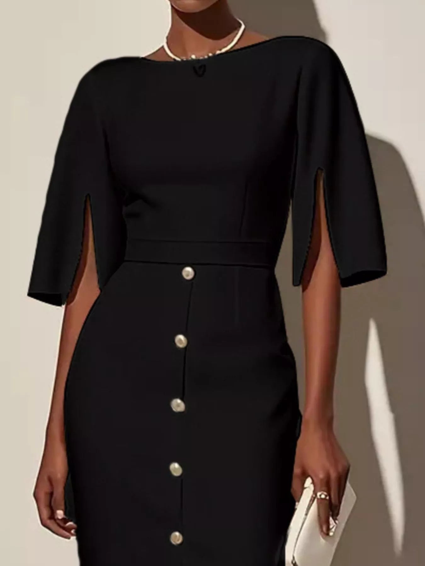 Slit Sleeve Midi Dress with Decorative Button back view