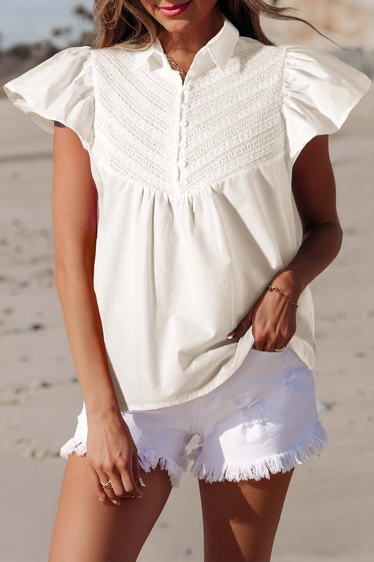 Lace Patch Blouse with Flutter Sleeves