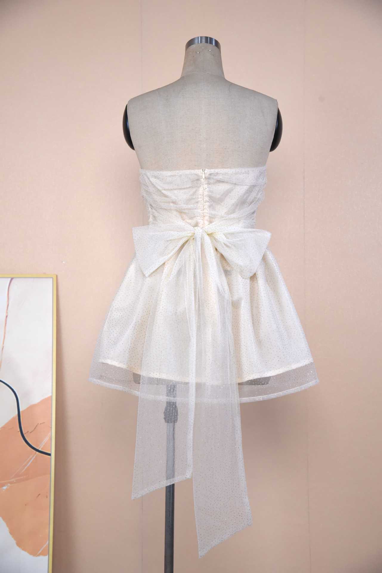 Tube Top Lace Dress with Back Bowknot and Mesh Stitching