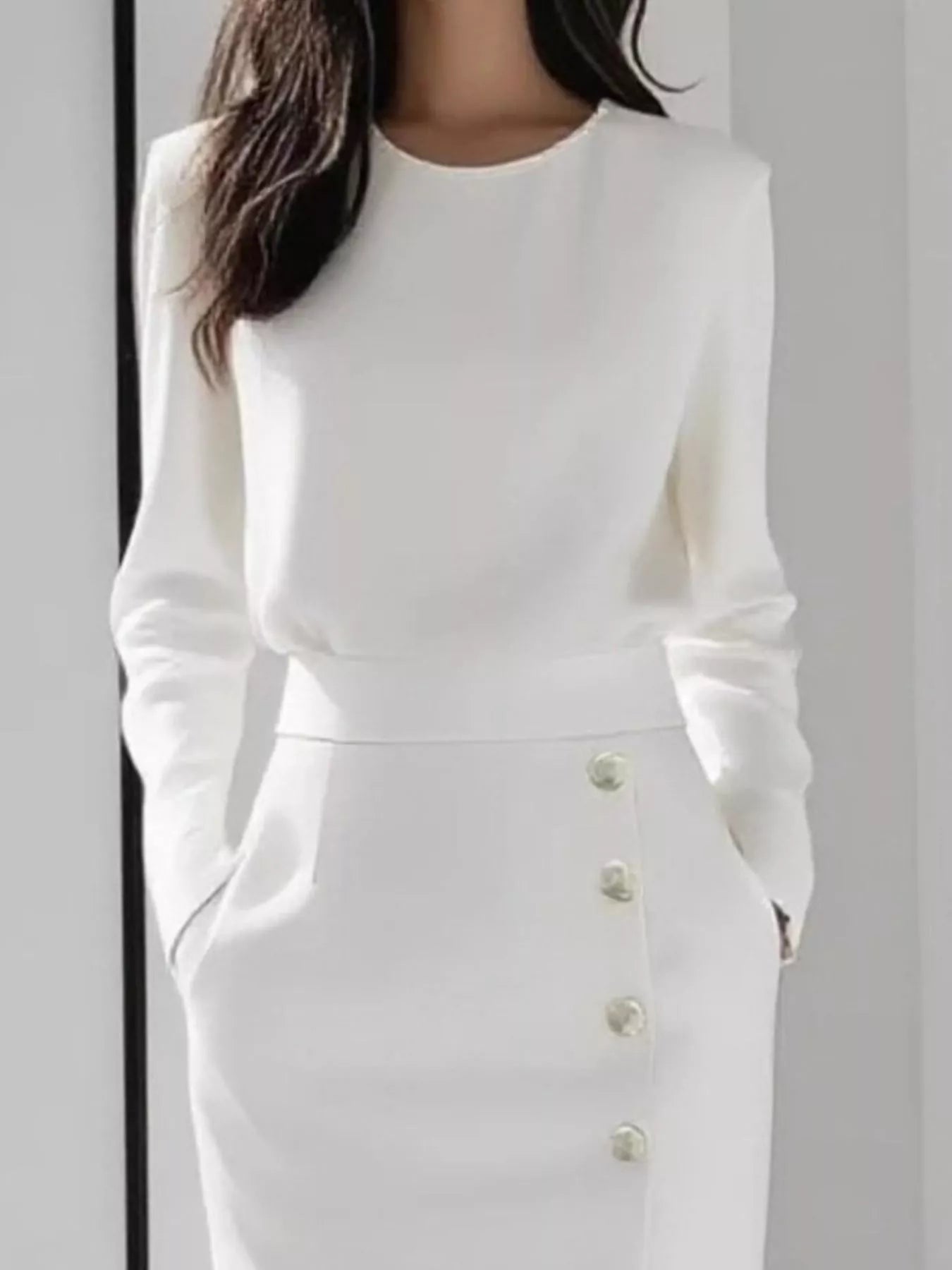 Long Sleeve Button Detail Midi Dress with Side Slit outfit inspiration