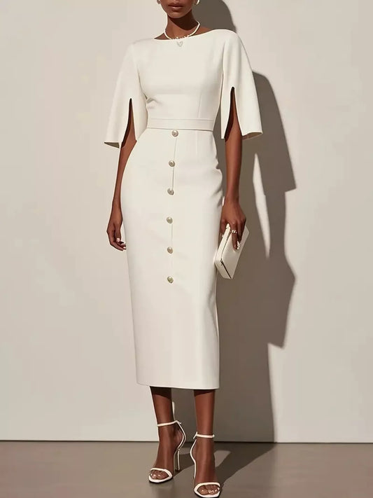 Slit Sleeve Midi Dress with Decorative Button back view