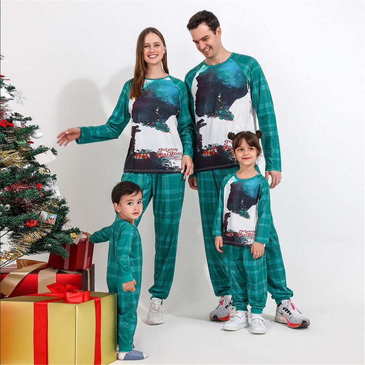 Green Cotton Family Pajama Set Cozy Abstract Print Homewear