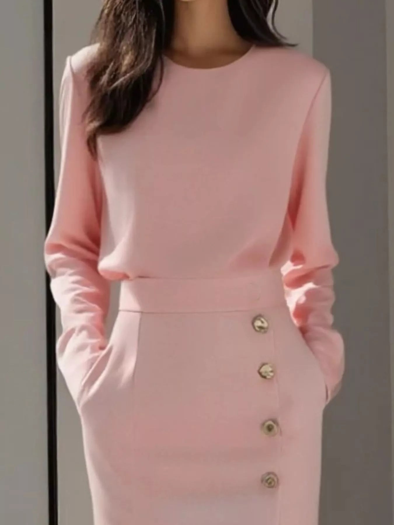 Long Sleeve Button Detail Midi Dress with Side Slit outfit inspiration