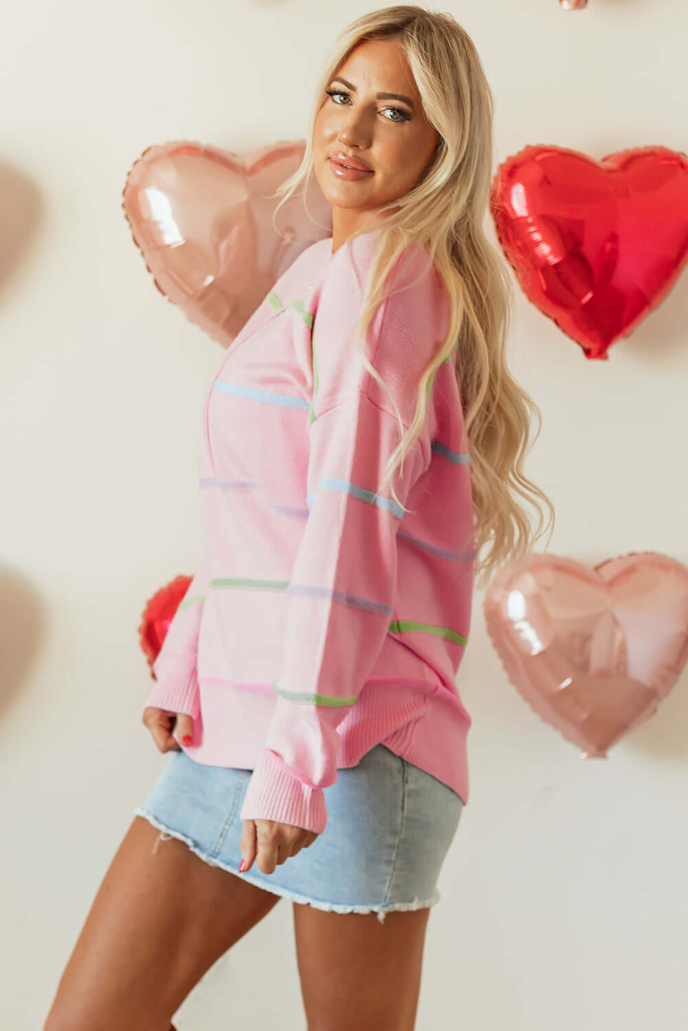 Rainbow Stripe Baggy Henley Sweater - Playful and Cozy Style