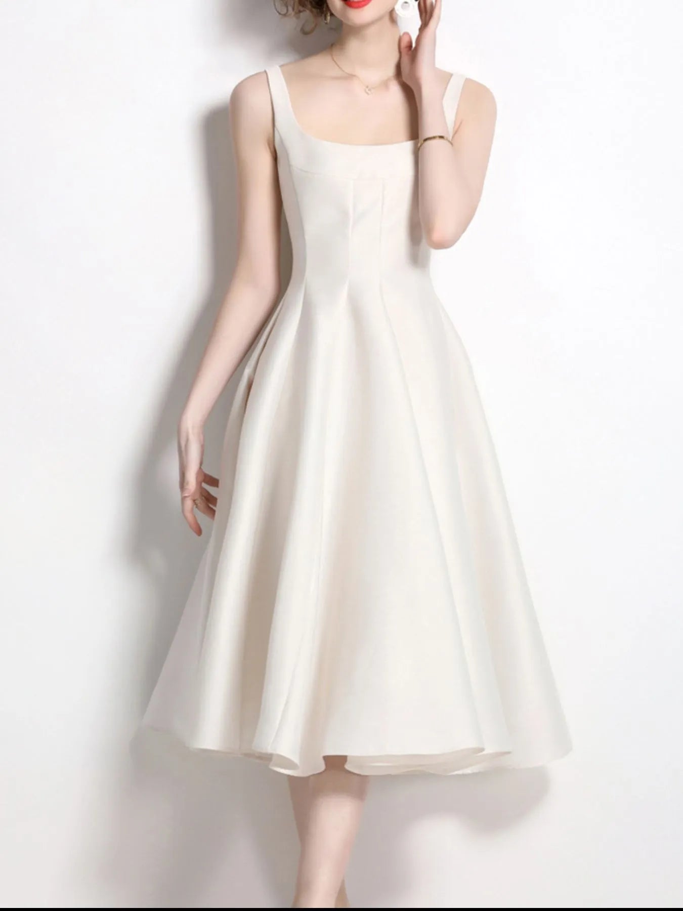 Elegant Polyester Evening Dress for Women, featuring a classic square neckline and flowy skirt.