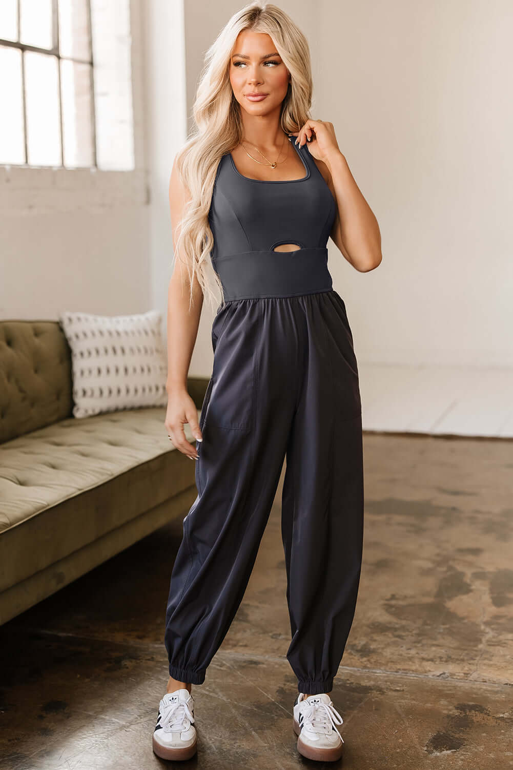 Sleeveless Back Crossed Jumpsuit with Hollow Out Details
