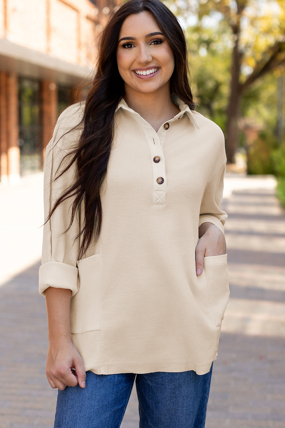 Waffle Knit Button Up Top – Cozy Long Sleeve Casual Shirt