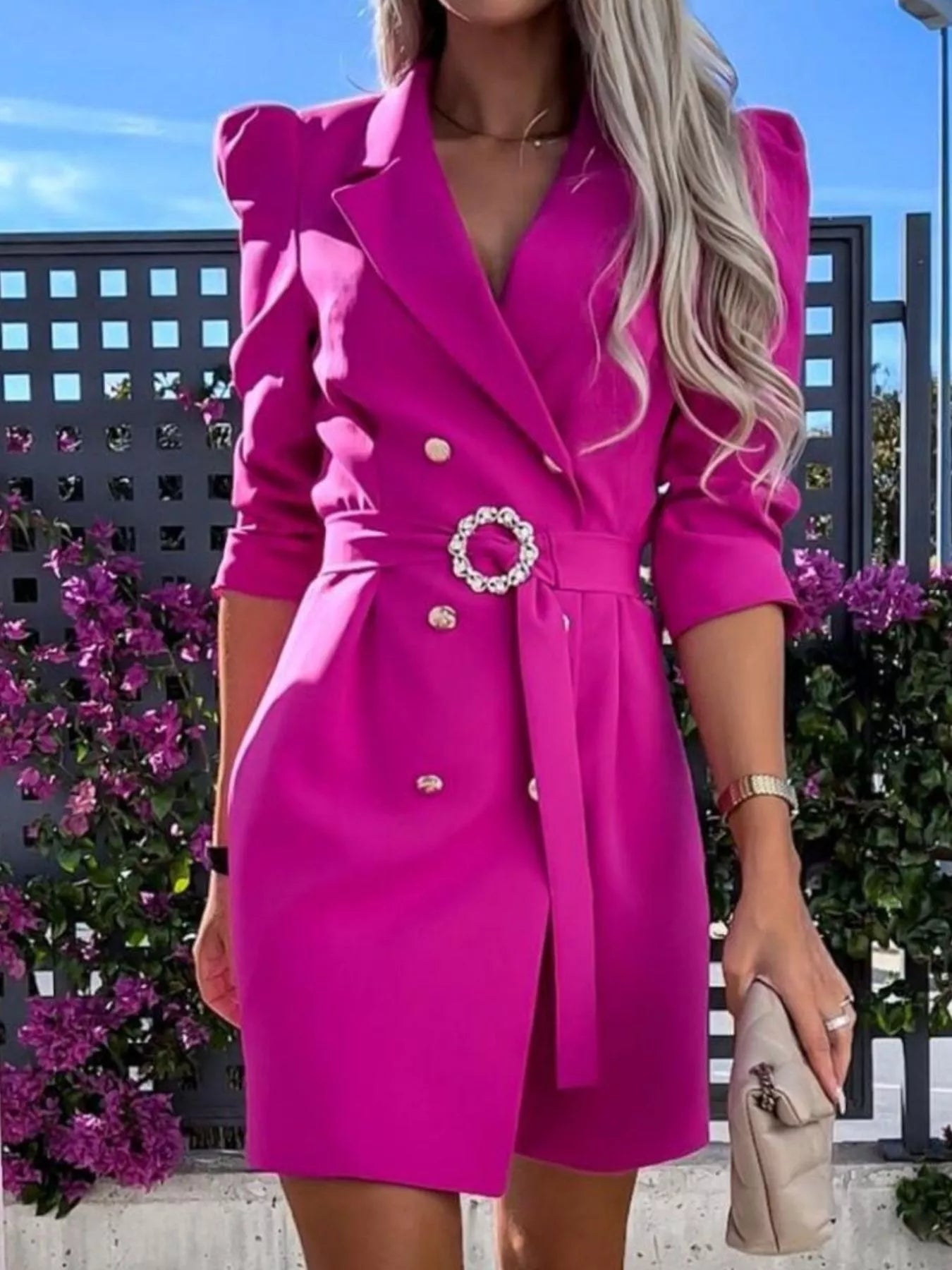  Chic Power Belted Blazer Dress 3 4 Sleeve Mini Style